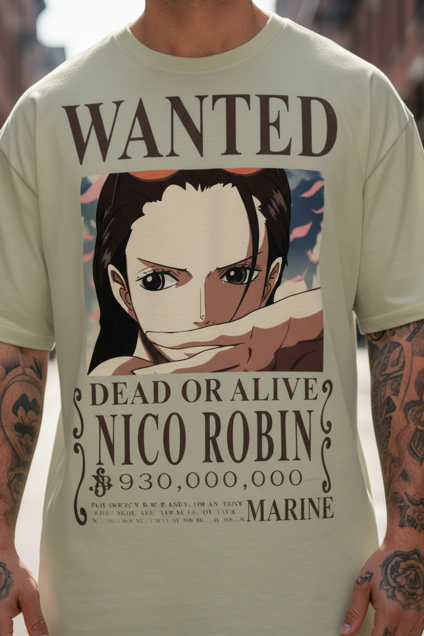 UNISEX BEIGE  NICO ROBIN - DEAD OR ALIVE WANTED POSTER OVERSIZE FIT TSHIRT