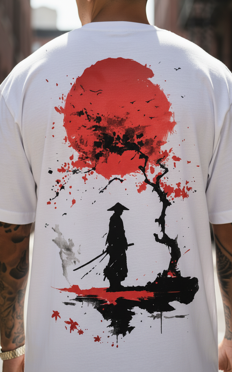 UNISEX WHITE RED MOON SAMURAI OVERSIZE FIT TSHIRT