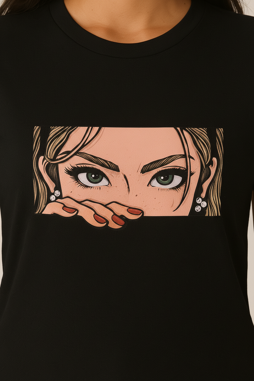 WOMEN'S BLACK THE MANGA GAZE REGULAR FIT TSHIRT