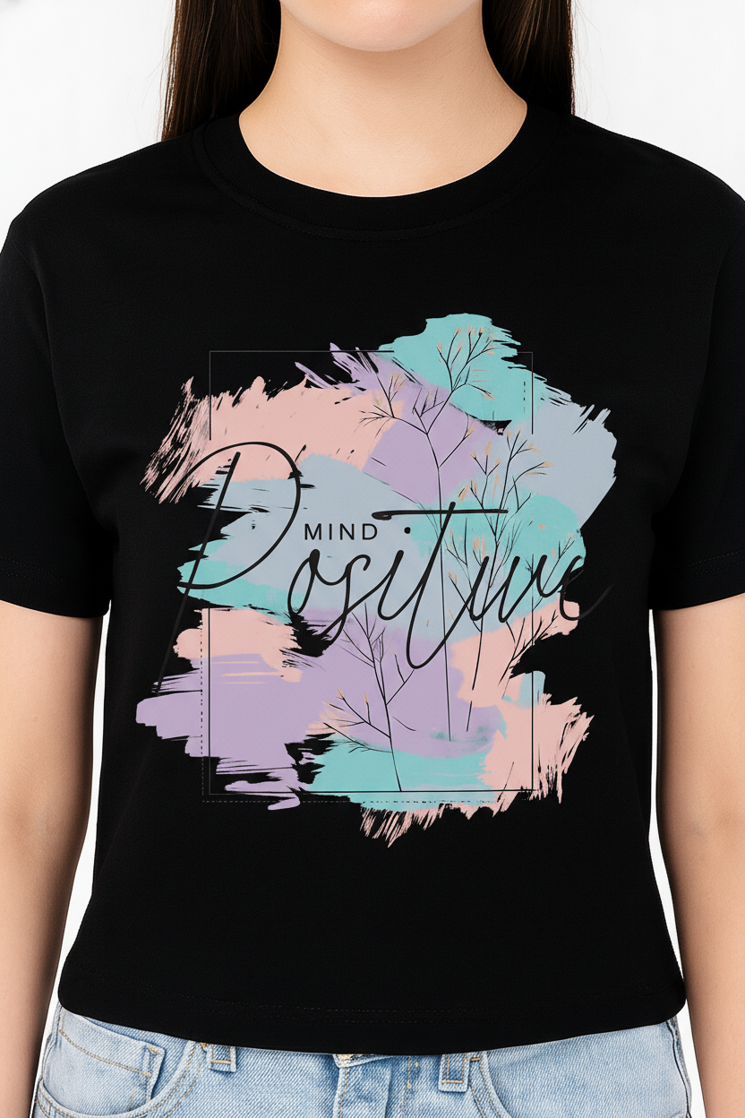 WOMEN'S BLACK POSITIVE MIND REGUALR FIT TSHIRT