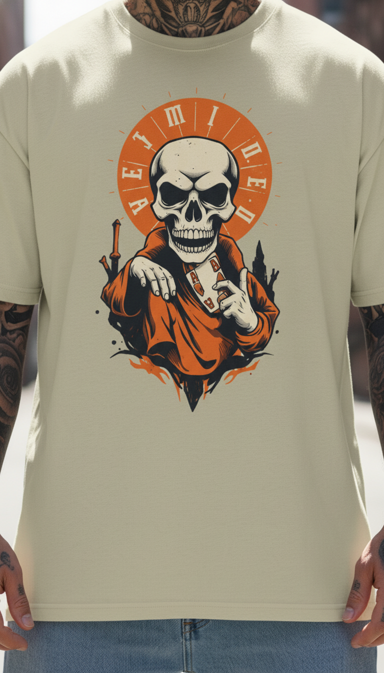 UNISEX BEIGE  SKULL MONK OVERSIZE FIT TSHIRT