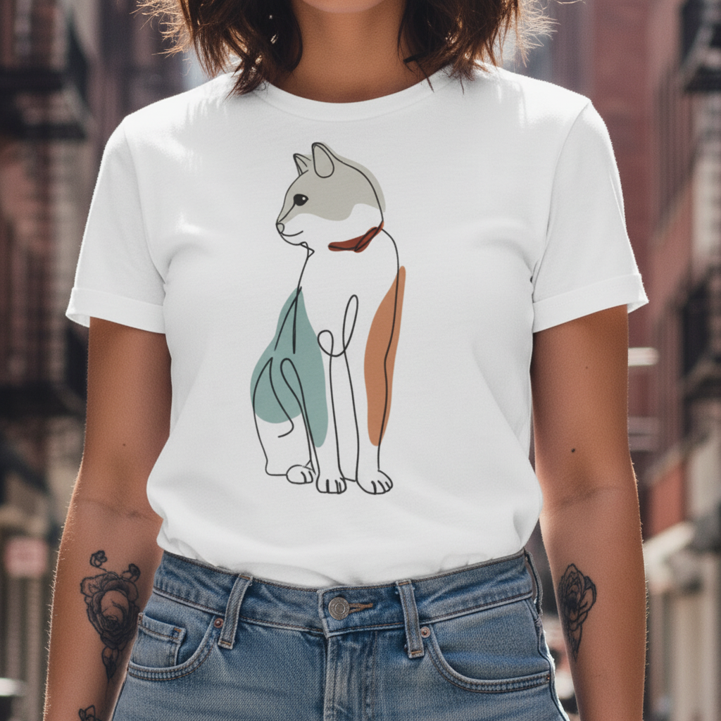 WOMEN'S WHITE LINE ART FELINEREGULAR FIT TSHIRT