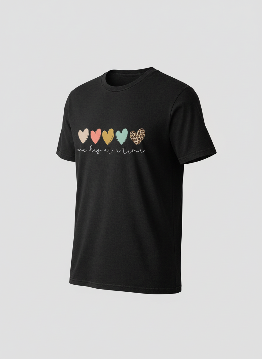 WOMEN'S BLACK ONE DAY AT A TIME REGULAR FIT TSHIRT