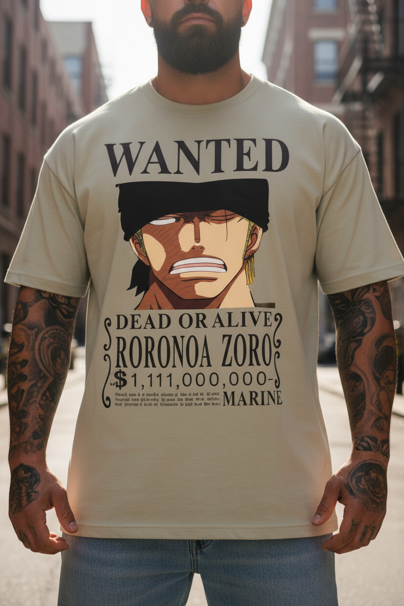 UNISEX BEIGE  RORONOA ZORO - DEAD OR ALIVE WANTED POSTER OVERSIZE FIT TSHIRT
