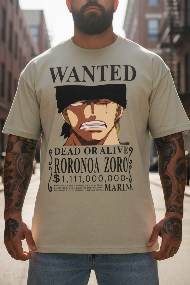 UNISEX BEIGE  RORONOA ZORO - DEAD OR ALIVE WANTED POSTER OVERSIZE FIT TSHIRT