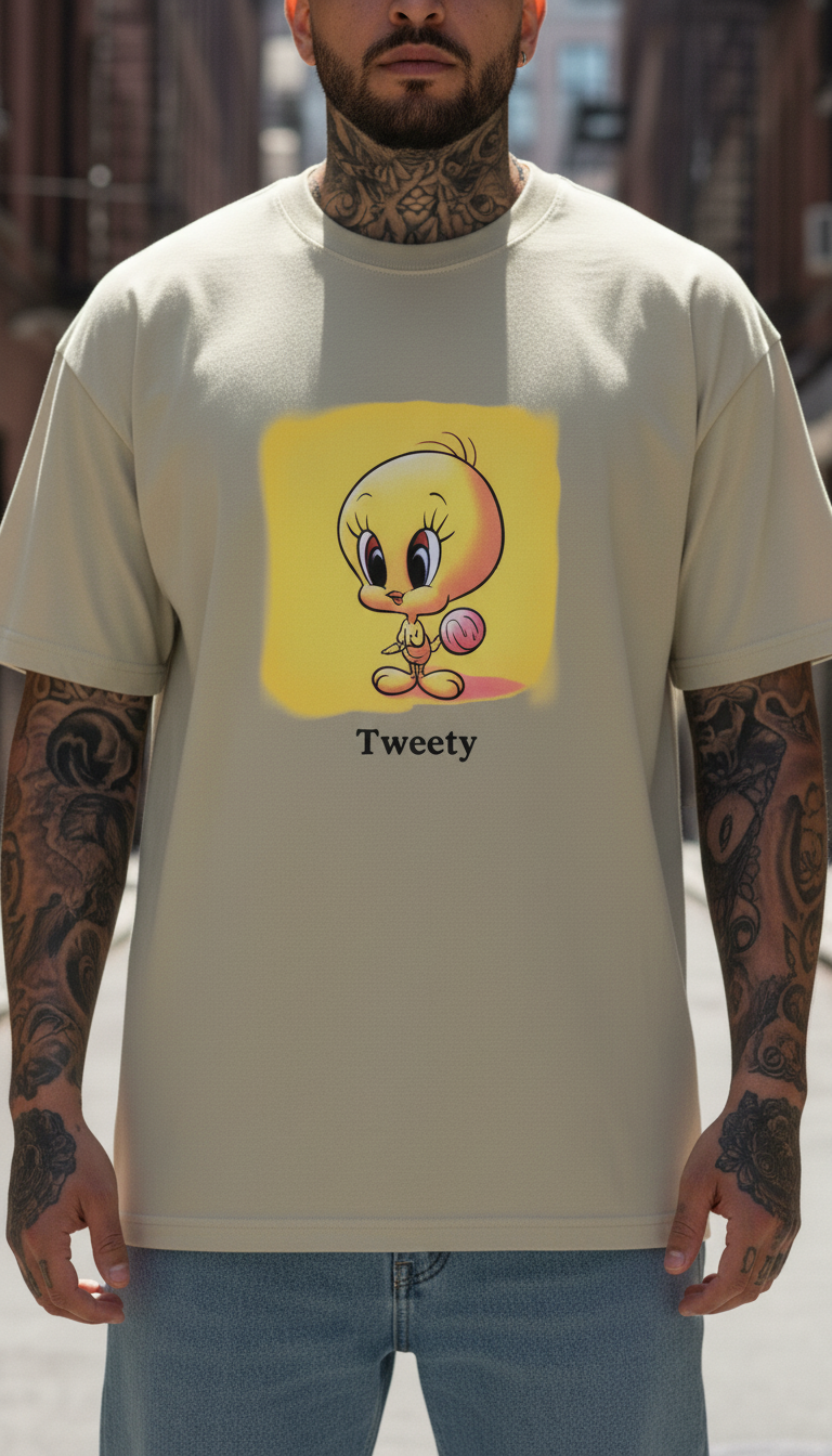 UNISEX BEIGE  LITTLE TWEETY OVERSIZE FIT TSHIRT