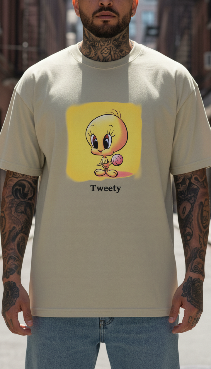 UNISEX BEIGE  LITTLE TWEETY OVERSIZE FIT TSHIRT