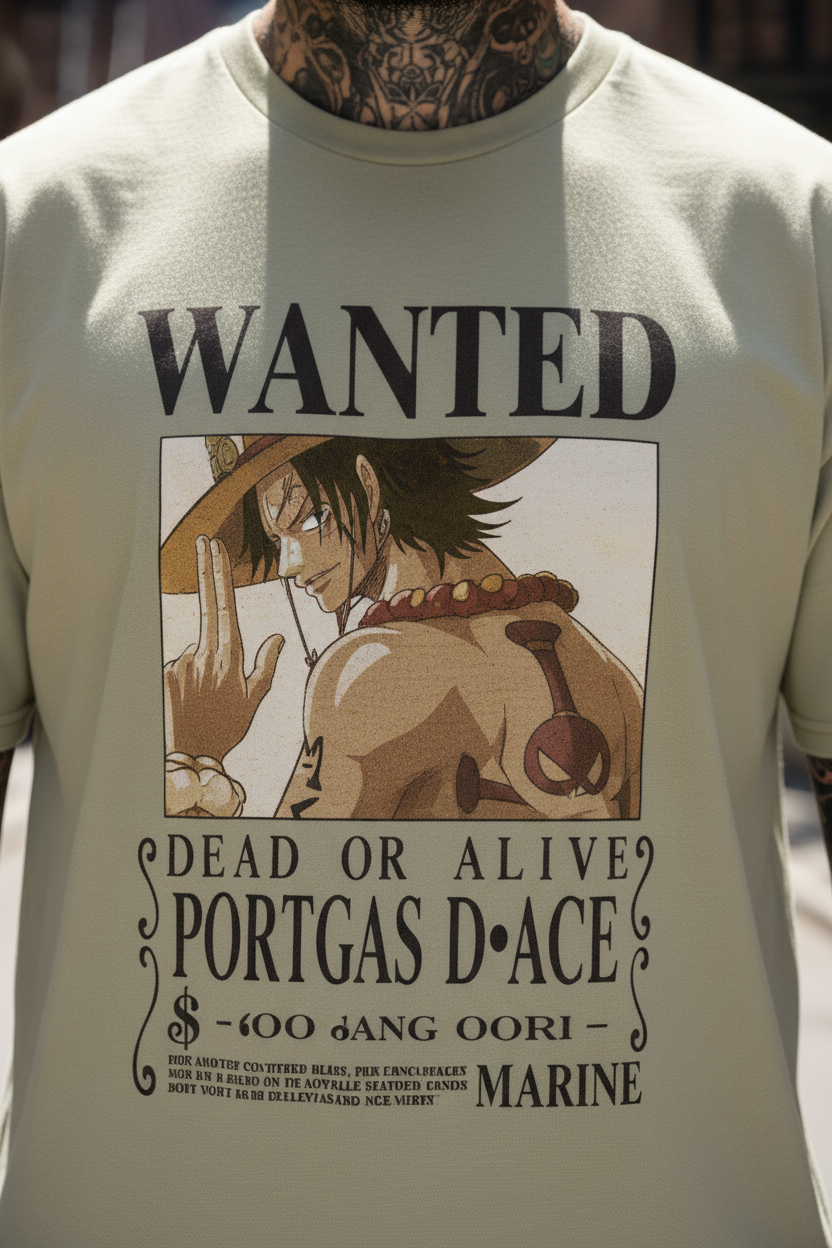 UNISEX BEIGE  PORTGAS D. ACE - DEAD OR ALIVE WANTED POSTER OVERSIZE FIT TSHIRT