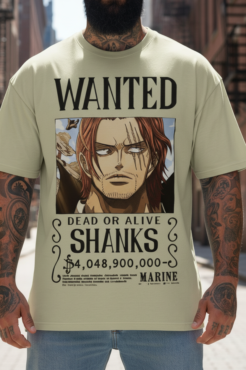 UNISEX BEIGE  SHANKS - DEAD OR ALIVE WANTED POSTER OVERSIZE FIT TSHIRT